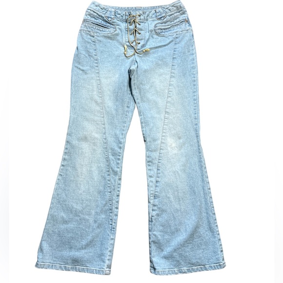 Vintage The Blues Y2K Lace Up‎ Hippie Boho Flare Jeans Sz. 6 - Picture 1 of 12